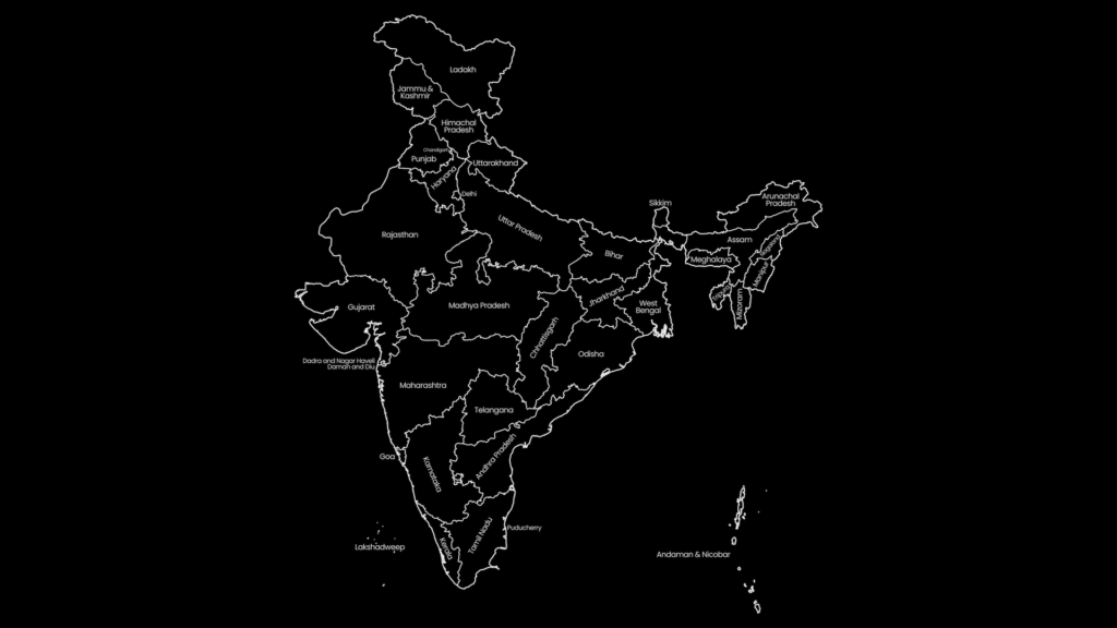 India Outline Map with Names in Black Background