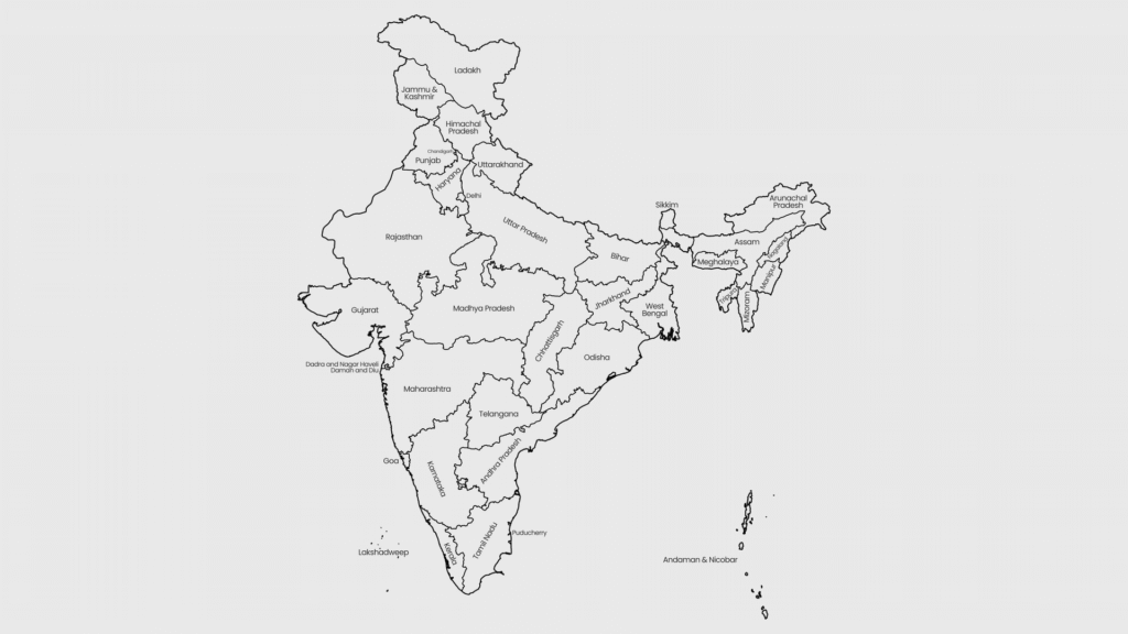 India Outline Map with Names on White Background