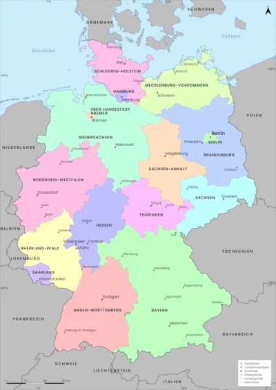 Germany Political Map with States, Capitals, and Major Cities (Printable, English & German)