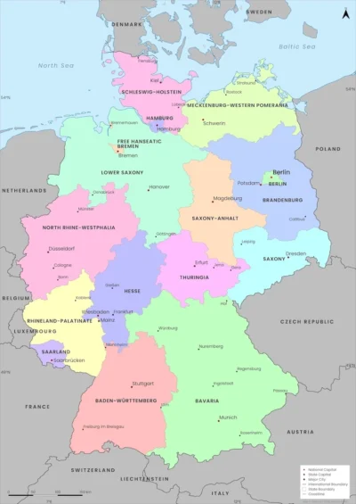 Germany Political Map with States, Capitals, and Major Cities (Printable, English & German)