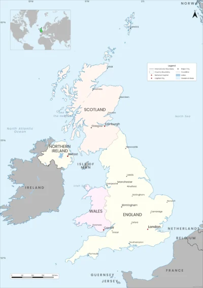 United Kingdom Political Map with Countries, Capitals and Cities | High Resolution Printable PDF & PNG