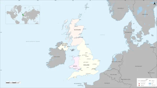 United Kingdom Political Map with Countries, Capitals and Cities | High Resolution Printable PDF & PNG