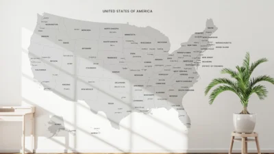 United States Gray Minimal Map Printable, States Capitals Cities, Neutral Wall Art