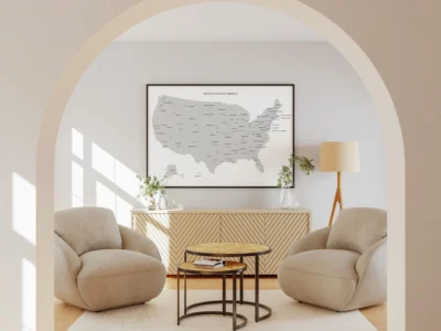 United States Gray Minimal Map Printable, States Capitals Cities, Neutral Wall Art