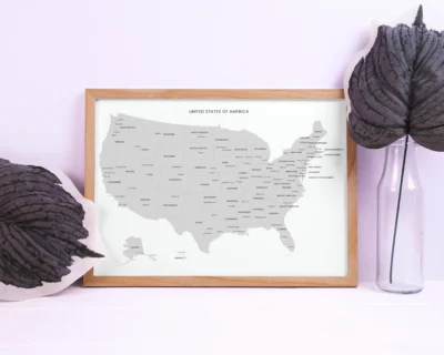 United States Gray Minimal Map Printable, States Capitals Cities, Neutral Wall Art