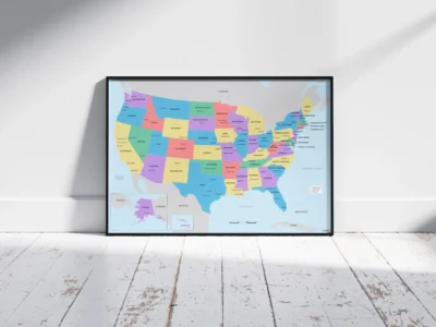 usa-political-map-printable-modern-black-frame USA Political Map Printable, United States Map with States Capitals Cities, Wall Art Poster