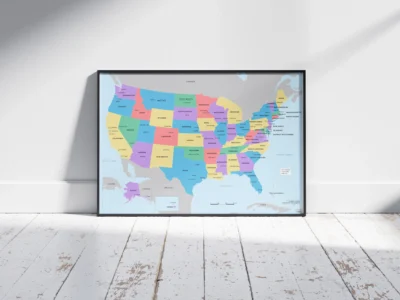 USA Political Map Printable, United States Map with States Capitals Cities, Wall Art Poster