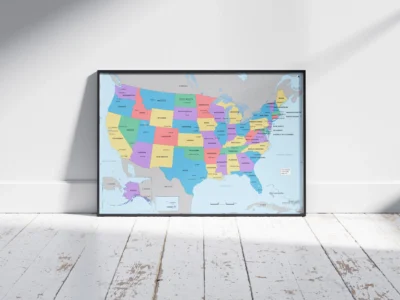 USA Political Map Printable, United States Map with States Capitals Cities, Wall Art Poster