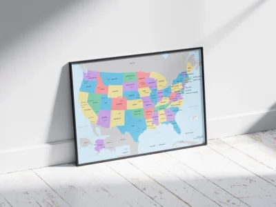USA Political Map Printable, United States Map with States Capitals Cities, Wall Art Poster