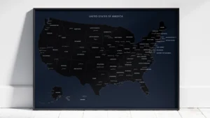 United States Black Minimal Political Map Printable, States, Capitals, Cities, Modern Wall Art