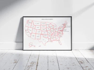 United States Minimal Political Map Printable with Red Glow Borders, States, Capitals, Cities, Modern Wall Art