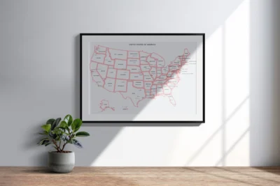United States Minimal Political Map Printable with Red Glow Borders, States, Capitals, Cities, Modern Wall Art