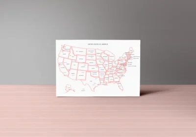 United States Minimal Political Map Printable with Red Glow Borders, States, Capitals, Cities, Modern Wall Art