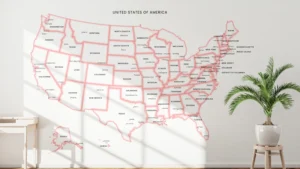United States Minimal Political Map Printable with Red Glow Borders, States, Capitals, Cities, Modern Wall Art
