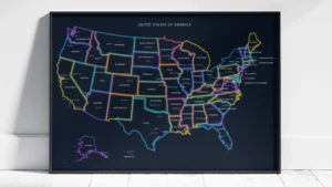 United States Neon Political Map Printable, States, Capitals, Cities, Dark Mode Glow Wall Art