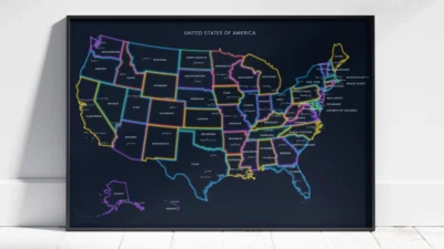 united-states-neon-political-map-printable-states-capitals-cities-black-frame-front United States Neon Political Map Printable, States, Capitals, Cities, Dark Mode Glow Wall Art