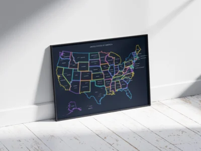 united-states-neon-political-map-printable-states-capitals-cities-black-frame-side United States Neon Political Map Printable, States, Capitals, Cities, Dark Mode Glow Wall Art