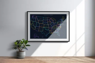 united-states-neon-political-map-printable-states-capitals-cities-clean-wall-frame United States Neon Political Map Printable, States, Capitals, Cities, Dark Mode Glow Wall Art