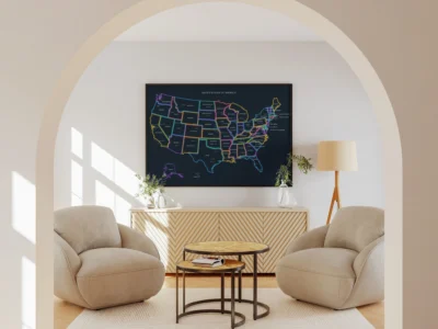 united-states-neon-political-map-printable-states-capitals-cities-living-room-wall-frame United States Neon Political Map Printable, States, Capitals, Cities, Dark Mode Glow Wall Art