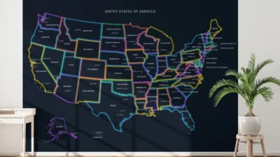 united-states-neon-political-map-printable-states-capitals-cities-wall United States Neon Political Map Printable, States, Capitals, Cities, Dark Mode Glow Wall Art