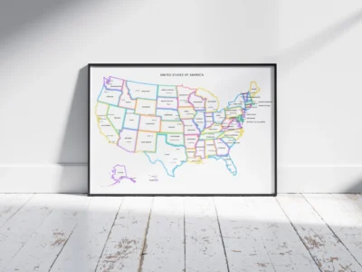 united-states-political-map-printable-with-glow-borders-states-capitals-cities-black-frame-front United States Political Map Printable with Glow Borders, States, Capitals, Cities, Minimal Wall Art