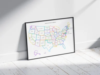united-states-political-map-printable-with-glow-borders-states-capitals-cities-black-frame-side United States Political Map Printable with Glow Borders, States, Capitals, Cities, Minimal Wall Art