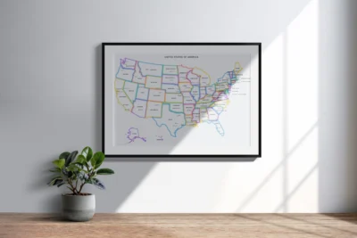 united-states-political-map-printable-with-glow-borders-states-capitals-cities-clean-wall-frame United States Political Map Printable with Glow Borders, States, Capitals, Cities, Minimal Wall Art
