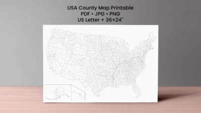 USA County Map Printable | All Counties Outline Map with State Borders | PDF PNG JPG