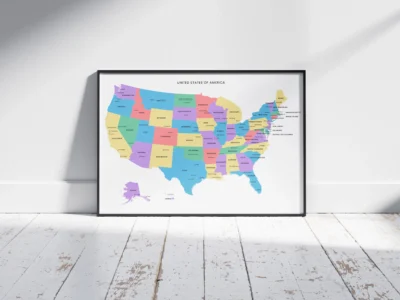 United States Minimal Political Map Printable, States Capitals Cities, Clean Wall Art