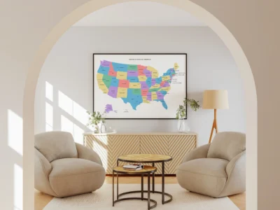 United States Minimal Political Map Printable, States Capitals Cities, Clean Wall Art
