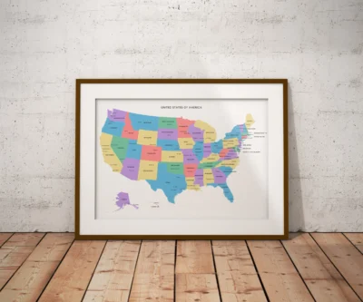 United States Minimal Political Map Printable, States Capitals Cities, Clean Wall Art