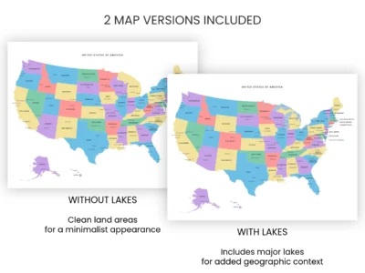 usa-political-map-printable-minimalist-with-and-without-lakes-included-map-versions-info USA Political Map Printable, Minimalist States Map with Capitals & Major Cities