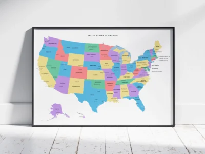 usa-political-map-printable-minimalist-with-lakes-black-frame USA Political Map Printable, Minimalist States Map with Capitals & Major Cities
