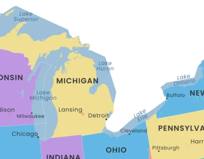 usa-political-map-printable-minimalist-with-lakes-zoom-detail-michigan-area USA Political Map Printable, Minimalist States Map with Capitals & Major Cities