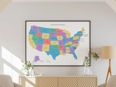 usa-political-map-printable-minimalist-without-lakes-wall-frame USA Political Map Printable, Minimalist States Map with Capitals & Major Cities