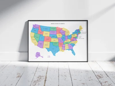 usa-political-map-printable-with-highlighted-borders-states-capitals-cities-black-frame-front United States Political Map Printable with Highlighted Borders, States, Capitals, Cities, Colorful Wall Art Poster