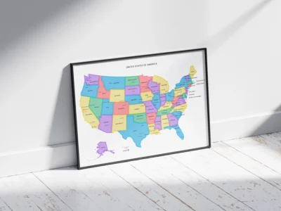 usa-political-map-printable-with-highlighted-borders-states-capitals-cities-black-frame-side United States Political Map Printable with Highlighted Borders, States, Capitals, Cities, Colorful Wall Art Poster