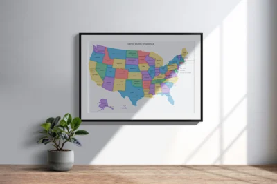 usa-political-map-printable-with-highlighted-borders-states-capitals-cities-black-wall-frame United States Political Map Printable with Highlighted Borders, States, Capitals, Cities, Colorful Wall Art Poster