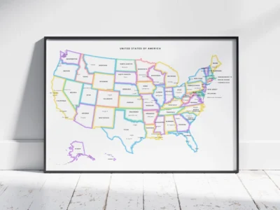 USA Political Outline Map Printable, Minimalist States Map with Glow Borders, Capitals & Major Cities