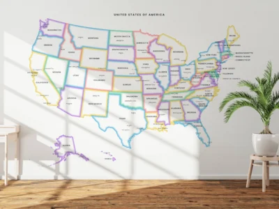 USA Political Outline Map Printable, Minimalist States Map with Glow Borders, Capitals & Major Cities