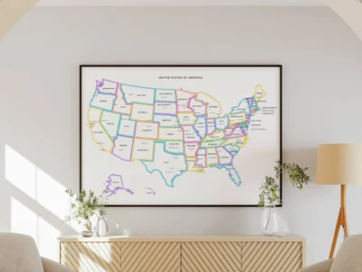 USA Political Outline Map Printable, Minimalist States Map with Glow Borders, Capitals & Major Cities