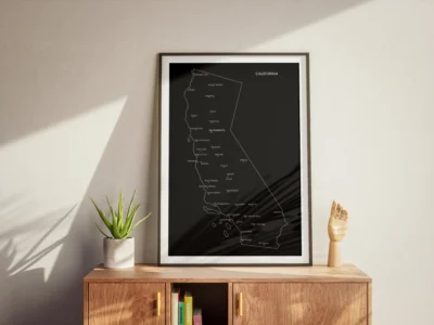 California Cities Map Printable, Labeled Cities Map, Wall Art, Light & Dark Styles