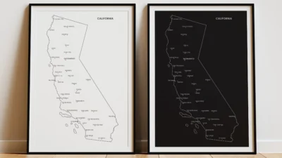 California Cities Map Printable, Labeled Cities Map, Wall Art, Light & Dark Styles