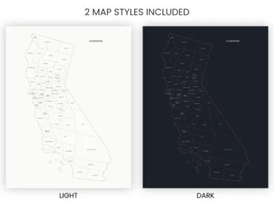 California Counties Map Printable, Labeled County Map, Light & Dark Styles