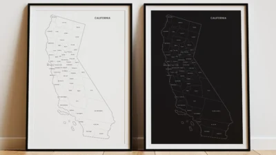 California Counties Map Printable Wall Art, Labeled County Map, Light & Dark Styles
