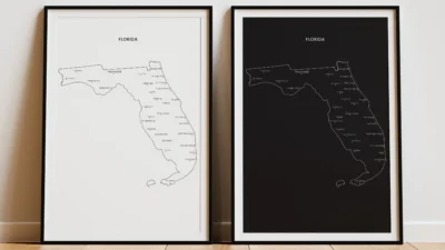 Florida Cities Map Printable, Labeled Cities Map, Wall Art, Light & Dark Styles