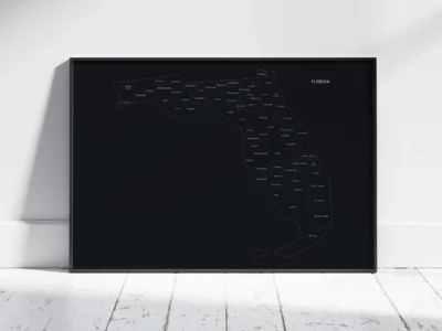 florida-counties-map-printable-dark-black-frame Florida Counties Map Printable, Labeled County Map, Light & Dark Styles