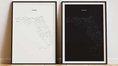 Florida Counties Map Printable Wall Art, Labeled County Map, Light & Dark Styles