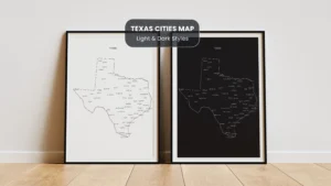 Texas Cities Map Printable, Texas Map with Cities, Wall Art, Light & Dark Styles, PDF JPG Download