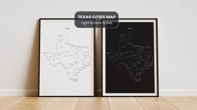 Texas Cities Map Printable, Texas Map with Cities, Wall Art, Light & Dark Styles, PDF JPG Download